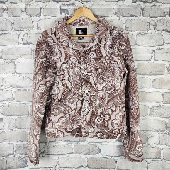 Urban Outfitters BDG Tapestry Trucker Jacket Button Front Brown Cream Size Small - Picture 2 of 15
